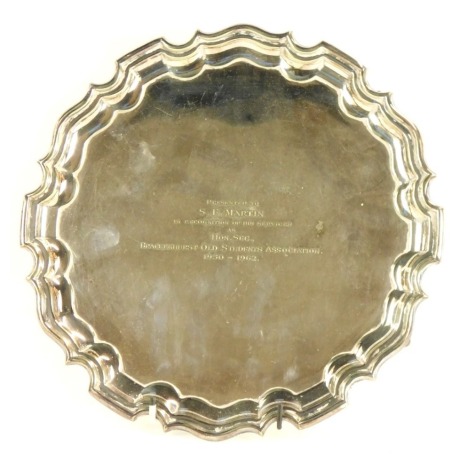 A Walker & Hall silver plated salver, Presented to S F Martin in recognition of his services as Honourable Secretary Brackenhurst Old Students Association 1950-1962, 26cm diameter.