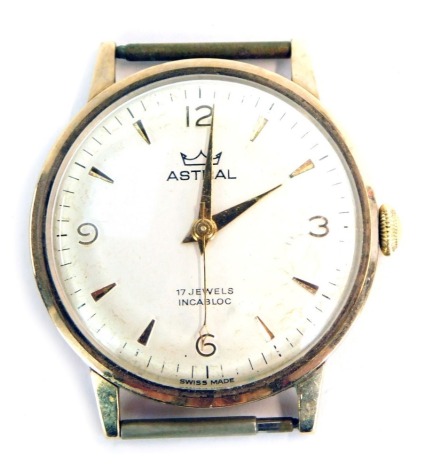 An Astral 9ct cased gentleman's wristwatch head, inscribed to reverse British Transport Hotels Ltd S G Carver In Appreciation of Thirty Five Years Service 1977, 26.9g all in.