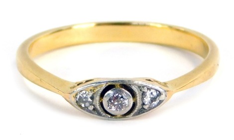 A diamond three stone dress ring, in the Art Deco style, with shaped diamond centre, set in white metal with three tiny diamonds, on a yellow metal band, unmarked, believed to be 18ct Plat, size Q½, 3.1g all in.