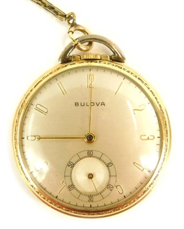 A Bulova pocket watch, in a yellow metal casing, with a silvered numeric dial and seconds dial, with outer engraving, unmarked, on a plated chain.