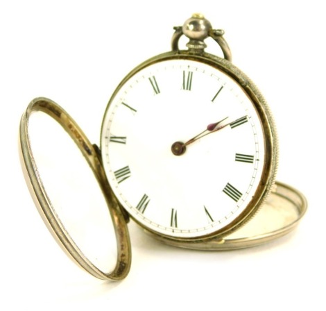 A silver pocket watch and carry dome, with a white enamel dial, key wind, circa 19thC, marked Fine Silver P & C, Serial No 18313, 4cm diameter, 42.2g all in, with a wooden framed base with twist stem glass top, 13cm high.