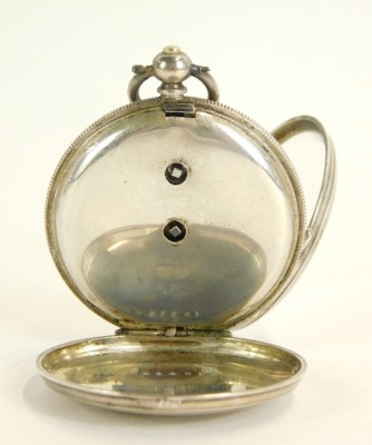 A silver pocket watch and carry dome, with a white enamel dial, key wind, circa 19thC, marked Fine Silver P & C, Serial No 18313, 4cm diameter, 42.2g all in, with a wooden framed base with twist stem glass top, 13cm high. - 2