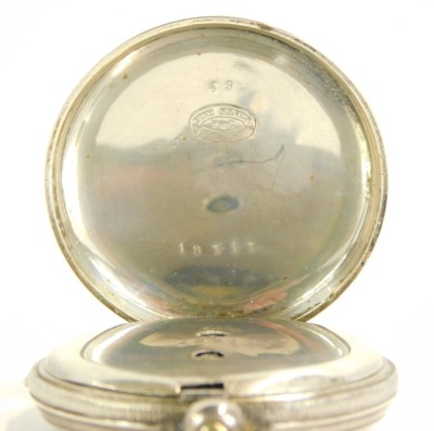 A silver pocket watch and carry dome, with a white enamel dial, key wind, circa 19thC, marked Fine Silver P & C, Serial No 18313, 4cm diameter, 42.2g all in, with a wooden framed base with twist stem glass top, 13cm high. - 3