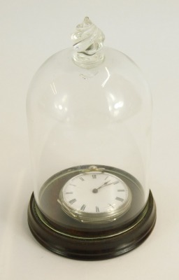 A silver pocket watch and carry dome, with a white enamel dial, key wind, circa 19thC, marked Fine Silver P & C, Serial No 18313, 4cm diameter, 42.2g all in, with a wooden framed base with twist stem glass top, 13cm high. - 4