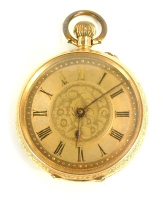 An early 20thC lady's pocket watch, open faced, keyless wind, dial floral engraved, in a partially floral engraved case with vacant shield reserve, stamped 14c, 23.3g all in, under a glass travel dome. (AF)