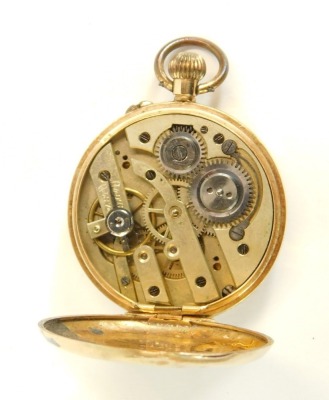 An early 20thC lady's pocket watch, open faced, keyless wind, dial floral engraved, in a partially floral engraved case with vacant shield reserve, stamped 14c, 23.3g all in, under a glass travel dome. (AF) - 2