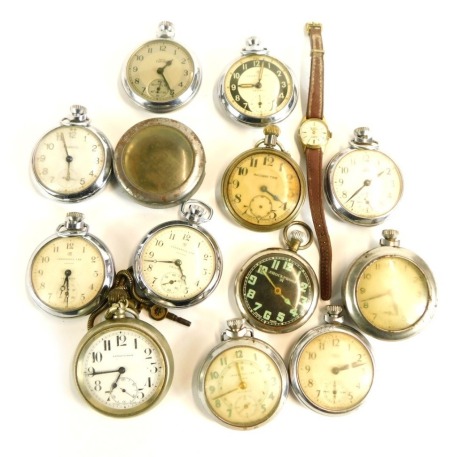 A collection of silver plated pocket watches, to include Railway Time, Ingersoll, Smiths Empire and others. (1 bag)