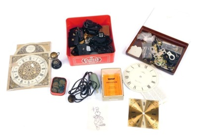 A group of clock faces, parts and movements, EPNS trophy, and a small group of pennies and halfpennies. (1 tray)