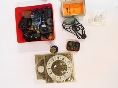 A group of clock faces, parts and movements, EPNS trophy, and a small group of pennies and halfpennies. (1 tray) - 2