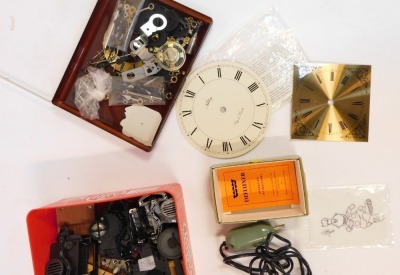 A group of clock faces, parts and movements, EPNS trophy, and a small group of pennies and halfpennies. (1 tray) - 3