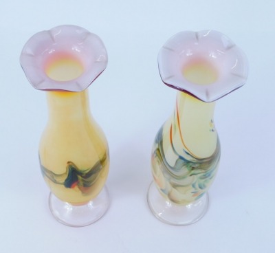 Two Art Glass vases, each with a red flared rim on a yellow mottled ground, tallest 22cm high. (2) - 2