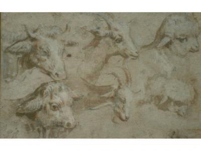 19thC School. Cattle, goats and lambs, en-grisaille watercolour,