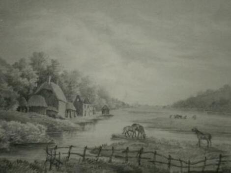 19thC English School. A river landscape with cottages