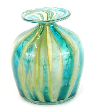 A Mdina art glass vase, on a turquoise and yellow twist ground, etched mark, 14cm high.