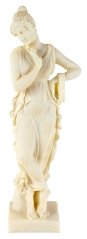 An Alabaster statue of a Grecian female, in thoughtful pose with flowing gowns, 25cm high.