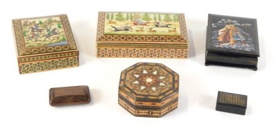 A group of Eastern inspired boxes, comprising a black lacquer Dutch style box, with painted decoration, bearing rubbed signature, titled Hech 91 NPO Kunga, hexagonal boxes, other inlaid modern boxes, etc. (6)