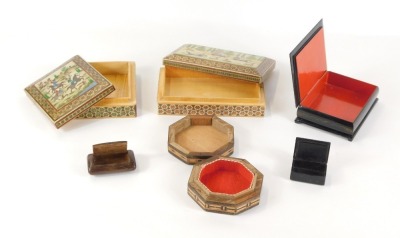 A group of Eastern inspired boxes, comprising a black lacquer Dutch style box, with painted decoration, bearing rubbed signature, titled Hech 91 NPO Kunga, hexagonal boxes, other inlaid modern boxes, etc. (6) - 3