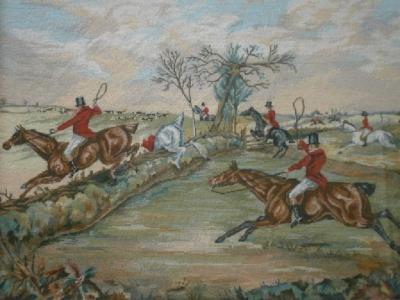 A printed and needlework hunting scene