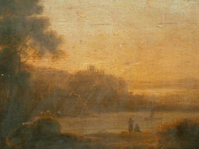 English School (18thC). Coastal landscape with figures and sailing boat