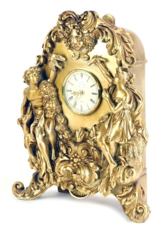 A Thomas Blakemore style gilt finish mantel clock, with two classical and greyhound figures, in rococo style, formed of plastic, 36cm high.