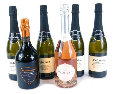 A group of Prosecco, comprising four bottles of Definition Prosecco, a Valdobbiadene Prosecco for 2020, and a Prospero Rose Prosecco. (6)