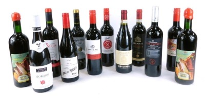 Twelve mixed bottles of red wine, comprising Baron de Ley Club Privado Rioja, Paternina Rioja 2017, Tapa Roja 2019 Old Vines, Lomas del Marques 2014 Reserve, Barbera D'Asti Superior, George Dubceuf Morgon 2015, Sous Le Soleil Merlot, Chianti 2017 Reserve,