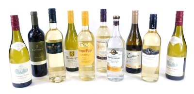 Nine bottles of white wine, comprising Altano Douro 2017, Lorent Miguel Viognir, Bourguignon Chardonnay 2020, Campo Viejo Rioja 2020, Lindmans Winemakers Release Chardonnay, Lorent Miguel Viognir 2019, Baron de Lae 2020, Vindos Barrihuelo Blanco, a Cune R