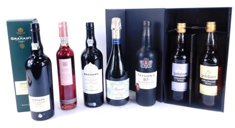 A group of alcohol, comprising Pink Port, Taylors 10yr Old Tawny Port, W & J Grahams Port, in green box, bottled 2013, Grahams Quinta dos Malvedos 2001 Vintage Port, Waitrose Prosecco, and a dessert wine gift set. (6)