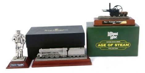 Three Fine Art miniatures, comprising a Royal Hampshire Flying Scotsman model, boxed, an English miniatures Winston Churchill, and a Lilliput Lane Penny Down Locomotive 1804, boxed. (3)