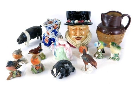 A group of Beswick Doulton and Goebel ceramics, comprising a Doulton stoneware jug, a Staffordshire character jug The Beefeater, Beswick pig, badger and three birds, five Goebel birds, a miniature Royal Doulton Sara, a Masons Ironstone miniature jug. (1 t