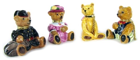 Four Royale Stratford Staffordshire Teddy Bear pill boxes, comprising Military Bear, Female, Neckerchief Bear and Waistcoated Bear, each 6cm high. (4)