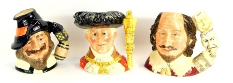 Three large Royal Doulton character jugs, comprising Lord Mayor of London D6864, Guy Fawkes D6861, and William Shakespeare D7136, boxed. (3)