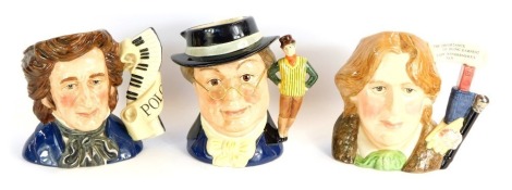 Three Royal Doulton large character jugs, comprising Character Jug of the Year 2000 Oscar Wilde D7146, Choppin D7030, and Mr Pickwick D6959, boxed. (3)