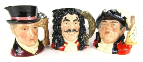 Three large Royal Doulton character jugs, comprising Town Crier D6895, Captain Hook D6947, and George Stephenson D7093, limited edition 514/1848, boxed. (3)