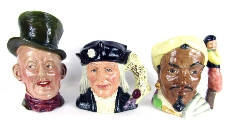 Three large Royal Doulton and Beswick character jugs, comprising Micawber, Royal Doulton Shakespearean Collection Othello, and Christopher Columbus D6891. (3)