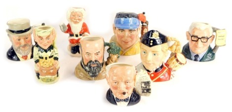 Eight Royal Doulton medium character jugs, comprising International Collector's Club North Staffordshire Drummer Boy D7211, Father Christmas limited edition 2750/3500 D6940, The Golfer D7064, Leprechaun D6948, Ronnie Barker OBE D7114, Winston Churchill D6