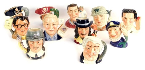 Eleven Royal Doulton medium character jugs, comprising The Soldier D6876, Treasure Chest Long John Silver D7138, Old Salt D6554, Ronnie Corbett OBE D7113, The Jug Collector D7147, The Figure Collector D7156, The Lawyer D6054, Long John Silver D6386, King