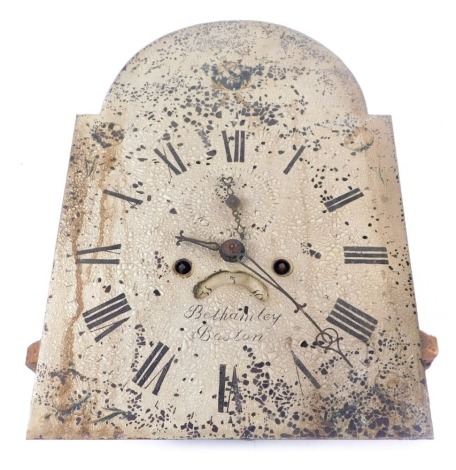 Bothamley of Boston. A 19thC clock movement, with a white enamel Roman numeric dial, seconds dial and date aperture, 45cm high, 30cm wide.