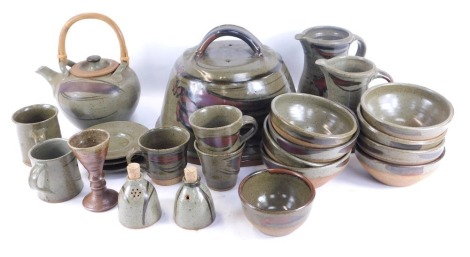 A group of Sheila Cosson and other studio pottery part tea and dinner wares, including a cheese dome, eight rice bowls, goblets, teacups, etc., bears artist's seal. (a quantity)