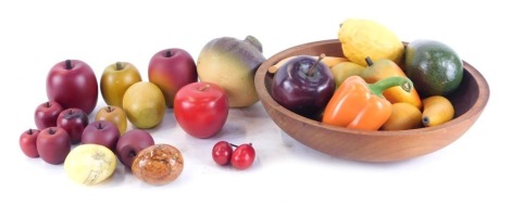 A group of ornamental fruit, comprising a ceramic lemon, avocado, apple, orange pepper, and turnip, and various other wooden fruit, to include bananas, and apples. (1 tray)