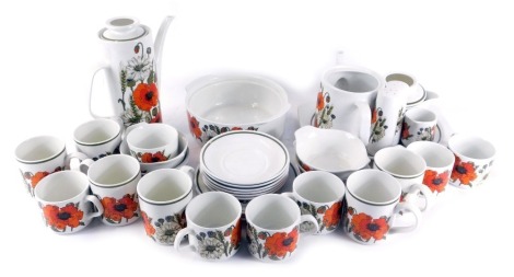 A J & G Meakin Poppy pattern part dinner service, comprising coffee pot, tea pot, small tea pot, salt & pepper shaker, tureen (lacking lid), meat plate, small milk jug, two small tureens, serving bowl, etc. (1 tray plus)