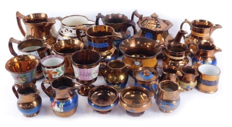 A group of 19thC copper lustre wares, to include milk jugs, teapots, preserve jars, etc. (2 trays)