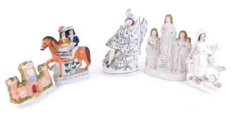 Five late 19thC Staffordshire and bisque flat back figures, comprising two figures on horseback, white finish maiden, group emblematic of The Good Templar's Motto, turreted castle, etc. (5, AF)