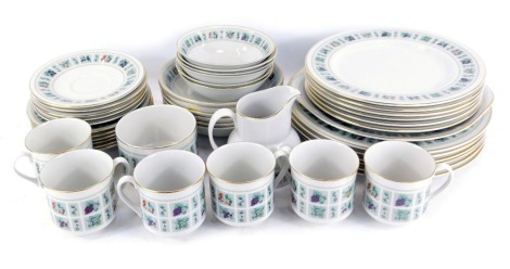 A Royal Doulton Tapestry pattern porcelain part tea service, comprising milk jug, sugar bowl, six cups and saucers, six side plates, six medium plates, six dinner plates, cake plates, six small bowls, and six large bowls.