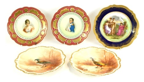 Five 19thC continental porcelain cabinet plates, comprising a pair of plates printed centrally with bust portraits of Napoleon and Madame Recamier, two Limoges plates decorated with birds, and an Austrian blue and gilt plate. (5)