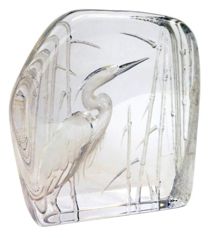 A Langham intaglio glass paperweight decorated with a heron, 20cm high.