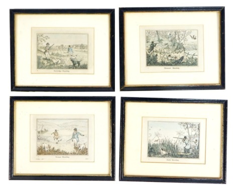 A set of four 19thC hunting prints, after Henry Alken, comprising Partridge Shooting, Duck Shooting, Pheasant Shooting and Grouse Shooting, dated 1820, coloured plates,12cm x 15cm framed. (4)