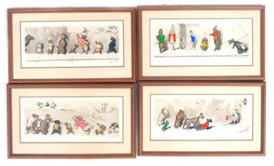 After Arthur Bons Klien. Four dog caricatures, each depicting comical dogs on the street, signed and titled in pencil to margin, 20cm x 46cm, framed and glazed. (4)