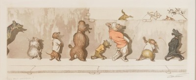 After Arthur Bons Klien. Four dog caricatures, each depicting comical dogs on the street, signed and titled in pencil to margin, 20cm x 46cm, framed and glazed. (4) - 2