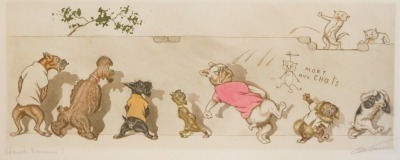 After Arthur Bons Klien. Four dog caricatures, each depicting comical dogs on the street, signed and titled in pencil to margin, 20cm x 46cm, framed and glazed. (4) - 3